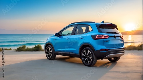 At sunset  a blue  sporty  modern compact SUV is parked on a concrete road next to a beach. Traveling on road trips during summer holidays in a brand-new  shining SUV car. front view of an electric ve