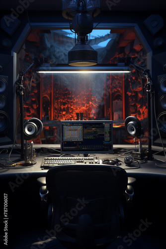 3D-rendered, hyper-realistic music studio booth for precision record artist music soundproof, headphone drum monitor machine