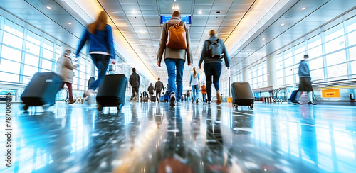 A low angle view of a modern airport corridor filled with glass structures and contemporary architecture. Many people, figures, some with baggage move through the bustling terminal.