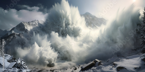 The overwhelming power of an avalanche, portrayed in 3D with hyper-realistic precision, a testament to nature's fury against a pure background,