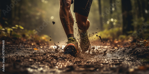 The dynamic action of a jogger's legs as they tackle an uneven forest trail, detailed with the texture of the dirt and leaves, isolated on an adventure path background, illustrating the adventurous photo