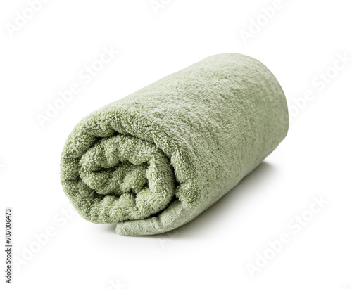 Green towel placed on white background.