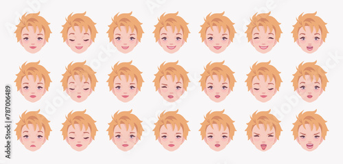 Young short spiky haircut blonde woman, attractive female emotion set, girl bundle portrait, person head. Different face icons, positive, negative facial expression feature pic. Vector illustration