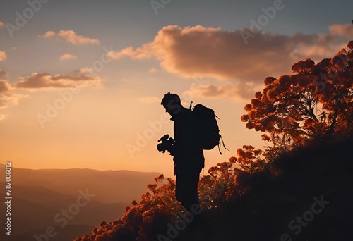 AI generated illustration of A man with a backpack strolling in the setting sun