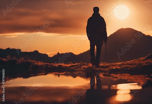 AI generated illustration of A man with a backpack strolling in the setting sun