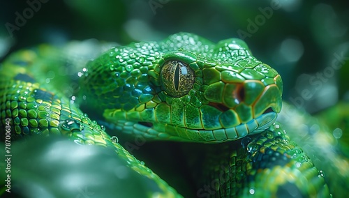 A close up of a green serpents face against a blurry jungle background. Macro photography capturing the intricate details of this terrestrial animals scaled skin © RichWolf