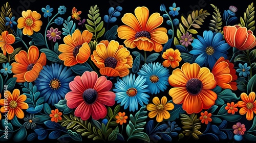AI generated illustration of Vibrant flowers painted against a dark background