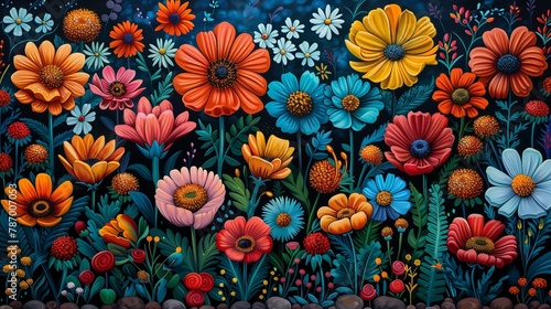 AI generated illustration of Vibrant flowers painted against a dark background
