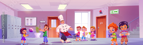 School hallway interior with kids and chef vector. Corridor with door to classroom and student on break. Preschool education building hall inside and children in elementary culinary class design
