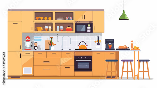 Modern kitchen interior with furniture and cooking dev