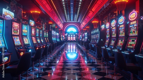 3D modeled luxury casino interior showcasing rows of digital slot machines with glowing screens