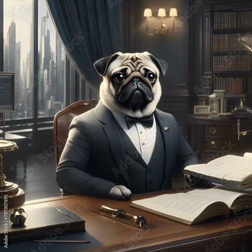 AI generated illustration of a pug wearing a professional business suit in an office setting