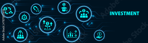 Investment icon set. Containing investor, mutual fund, asset, risk management, economy, financial gain, interest and stock icons. 