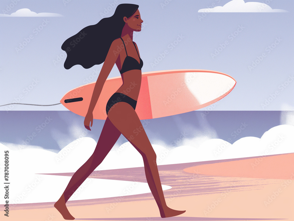 Illustration of a woman carrying a surfboard on a beach with waves in the background.
