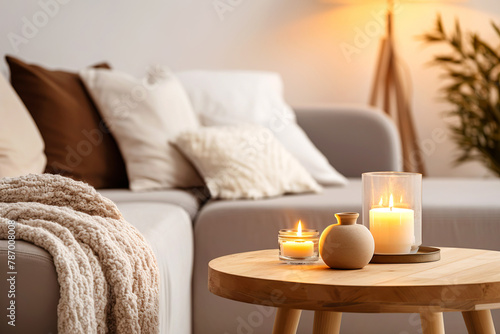 Close up of wooden round coffee table with candles near sofa. Scandinavian interior design of modern living room, home.