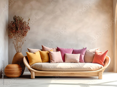 Curved sofa with colorful multicolored pillows against beige stucco wall with copy space. Ethnic, moroccan interior design of modern living room, home.