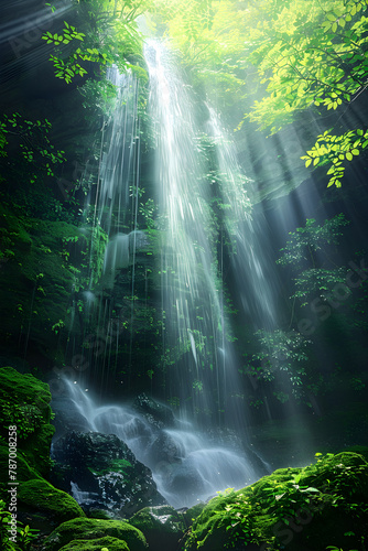 Spellbinding Display of a Verdant Forest and Cascading Waterfall Bathed in Scattered Sunlight