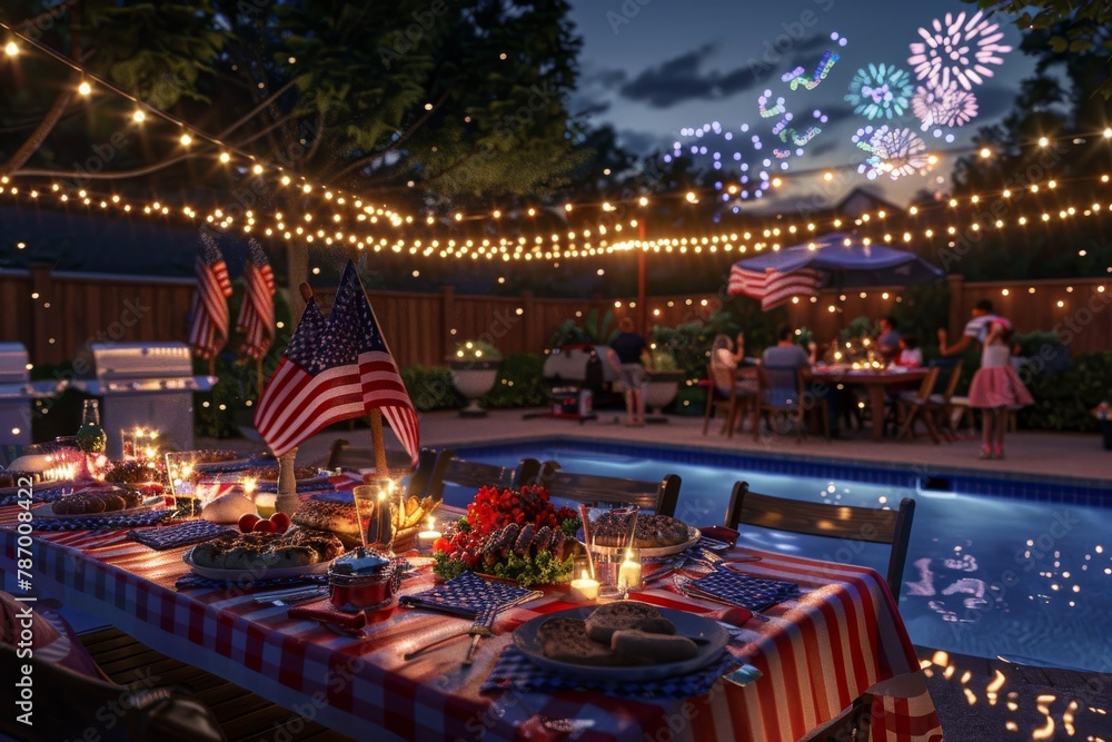4th of July celebration with American flags, fairy lights, and fireworks at night, AI-generated.