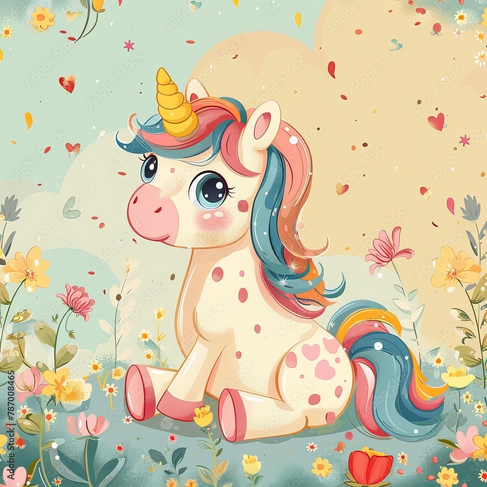 A cute cartoon unicorn with a rainbow mane and tail is sitting in a field of flowers. A cute cartoon unicorn with a rainbow mane and tail is sitting in a field of flowers.