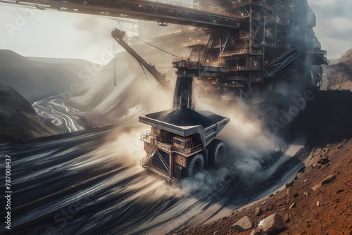 a large machine that is working on a pile of coal, coal dust, in dusty open pit mine, industrial background