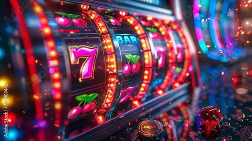 3D render of a slot machine featuring a kaleidoscope of colors on its reels, set against the casino s shimmering lights