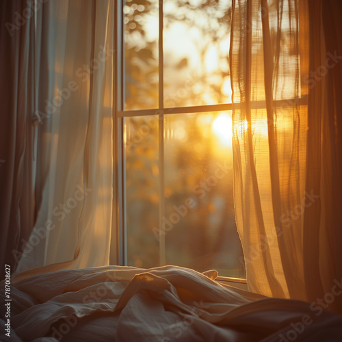 AI generated illustration of sunlight shining through window behind curtains © Wirestock