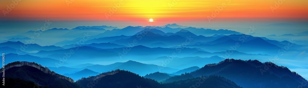 Fototapeta premium Mountainous sunrise with peaks lit by early light, mist in the valleys, awe inspiring view