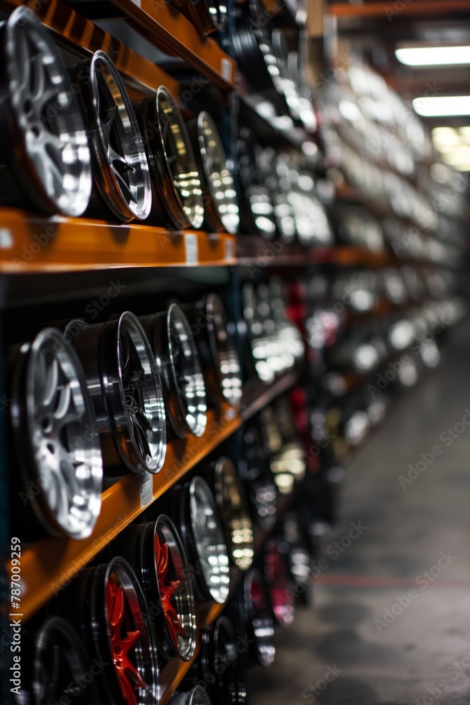 Aisle of a store displaying a variety of car rims on shelves with a shallow depth of field