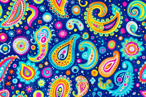 AI generated illustration of vibrant paisley fabric pattern on blue background