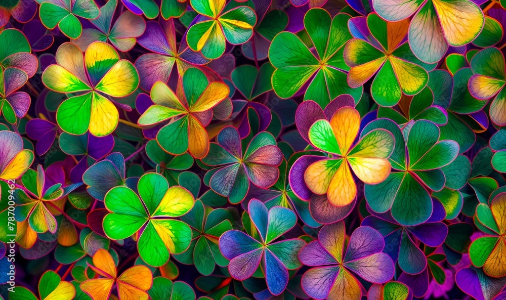 AI generated illustration of vibrant clover leaves closely overlap in a colorful group