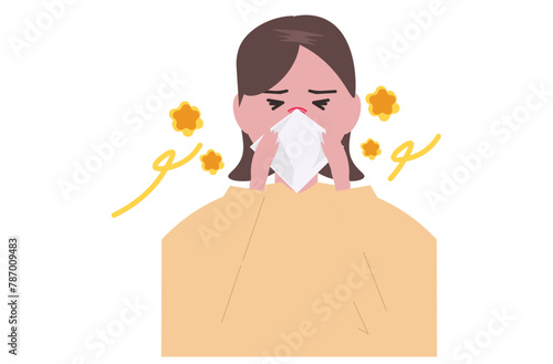 黄砂でアレルギーに苦しむ女性。花粉症で鼻をかむ人物。ベクターイラスト