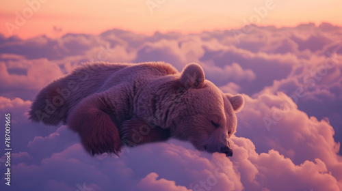 Illustration of a bear sleeping soundly on a cloud at a peaceful dawn
