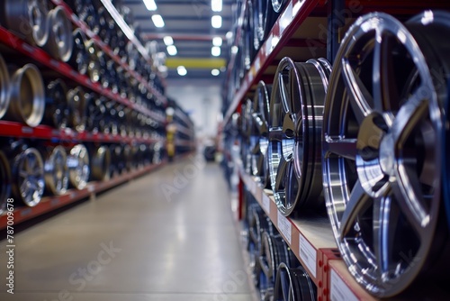 Aisle of a store displaying a variety of car rims on shelves with a shallow depth of field photo