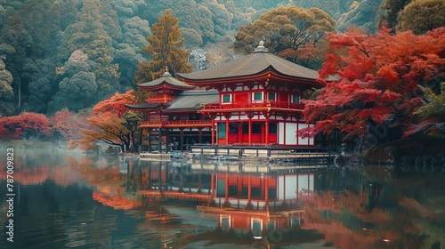 AI-generated illustration of a stunning Japanese temple with vibrant trees mirrored in a lake