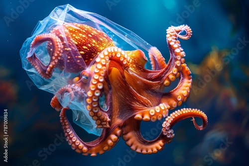 Startling image of an octopus enveloped in a transparent plastic bag, symbolizing urgent environmental concerns and marine conservation