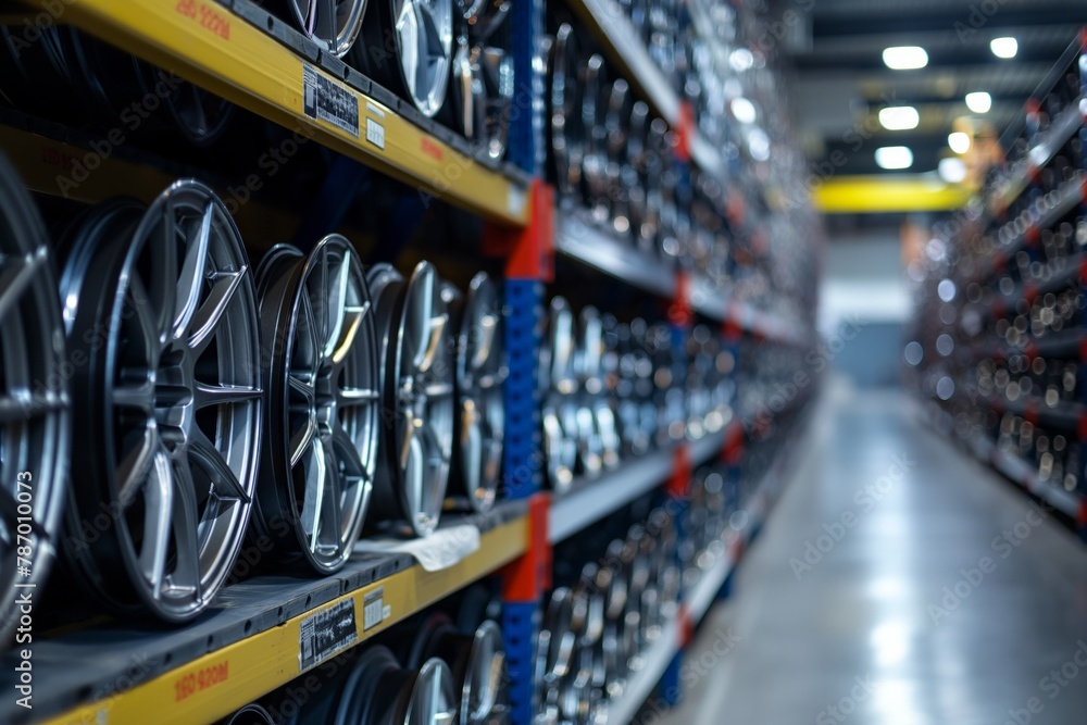 Aisle of a store displaying a variety of car rims on shelves with a shallow depth of field Aisle of a store displaying a variety of car rims on shelves with a shallow depth of field