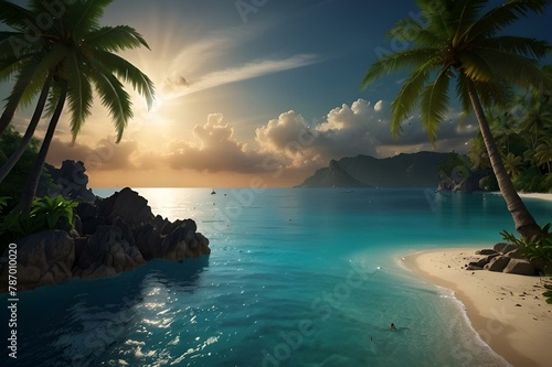 AI generated illustration of a tropical beach at sunset, with palm trees and calm waters © Wirestock