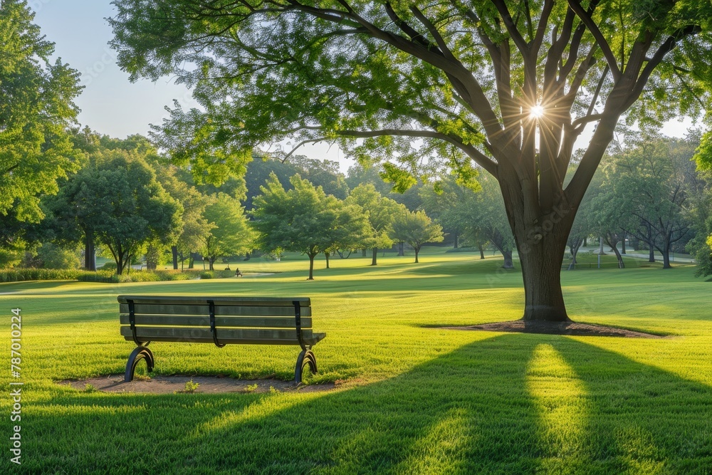 Soft sunlight bathes the peaceful park bench on a calm morning with trees providing gentle shade in the area Soft sunlight bathes the peaceful park bench on a calm morning with trees providing gentle shade in the area