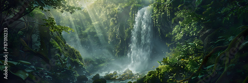 Spellbinding Display of a Verdant Forest and Cascading Waterfall Bathed in Scattered Sunlight