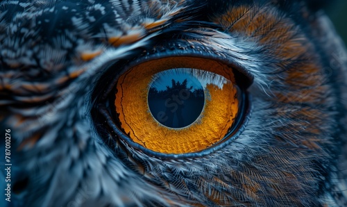 An artwork capturing the intricate details of a Phasianidaes eye, reflecting the beauty of a forest. The feathered eyelash, beak, and iris add to the bird of preys mystique photo