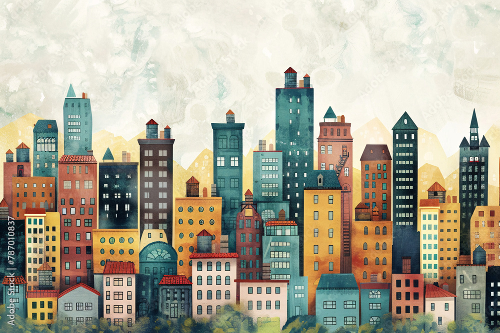 custom made wallpaper toronto digitalWhimsical illustration of urban cityscape with varied building designs