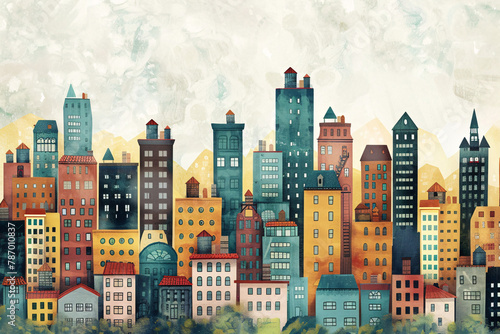 Wallpaper Mural Whimsical illustration of urban cityscape with varied building designs Torontodigital.ca