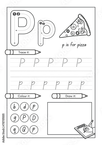 P is for Pizza Alphabet Worksheets for Kindergarten.eps