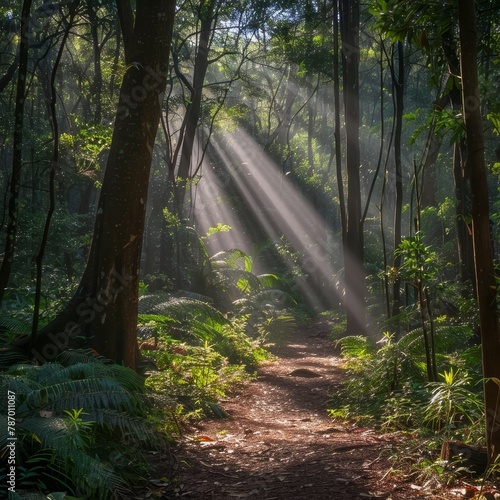 The tranquil morning light invites exploration along the sunlit narrow path in the lush forest