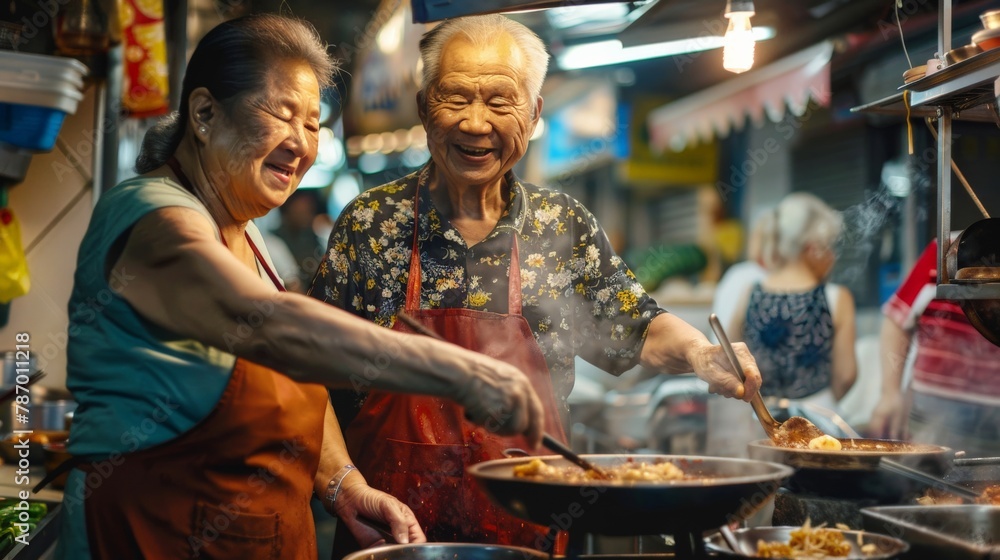 Elderly couple tasting local cuisine at a street food stall in Asia