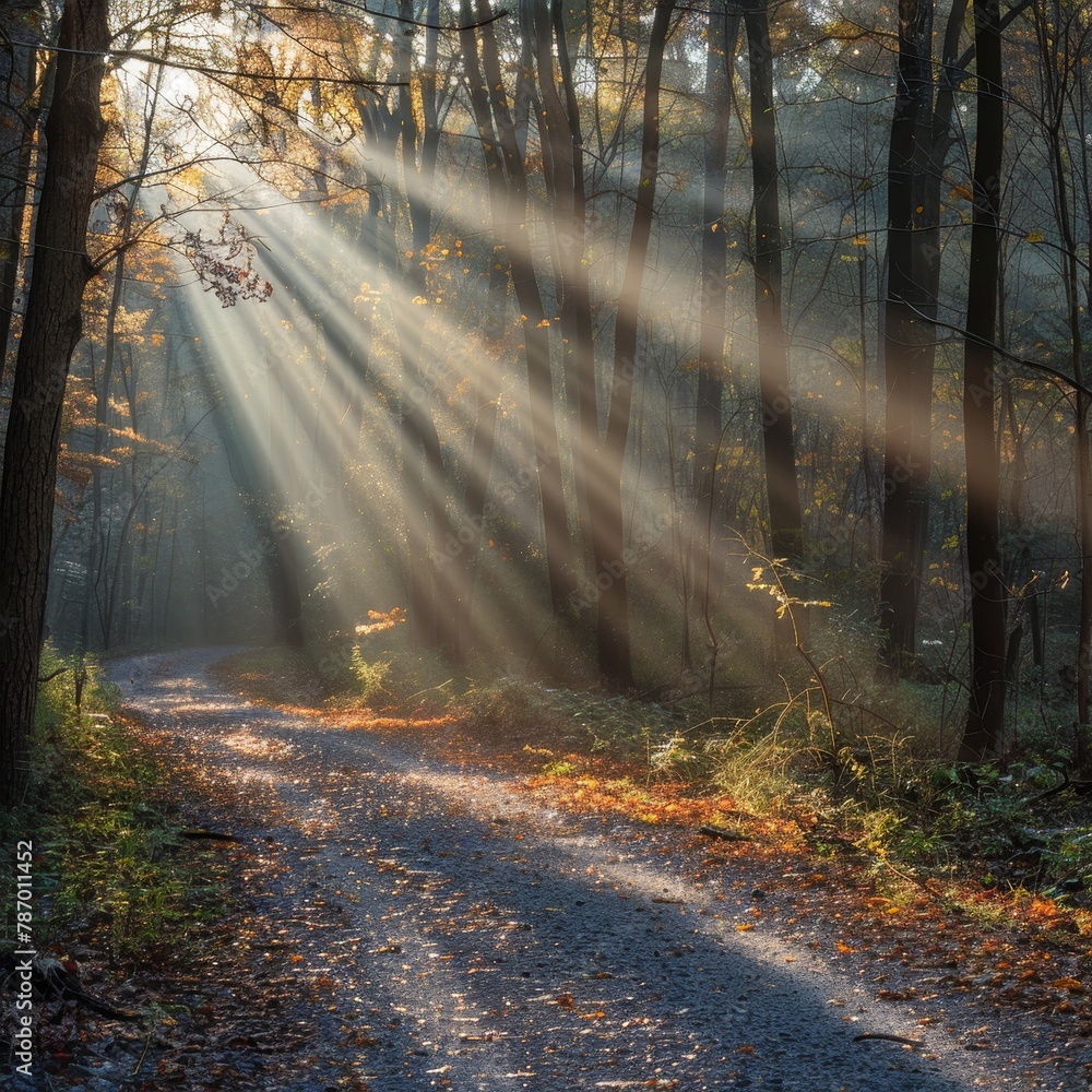 Obraz premium Sun rays on a forest path, dappled light, inviting journey, morning tranquility