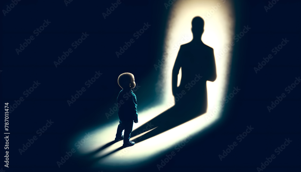 A child illuminated by a bright light from the front, with their shadow forming the silhouette of a businessperson. A youth and future aspirations.