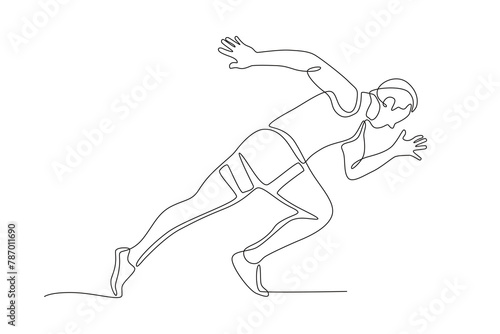 Male track athlete starts running. Olympics concept one-line drawing