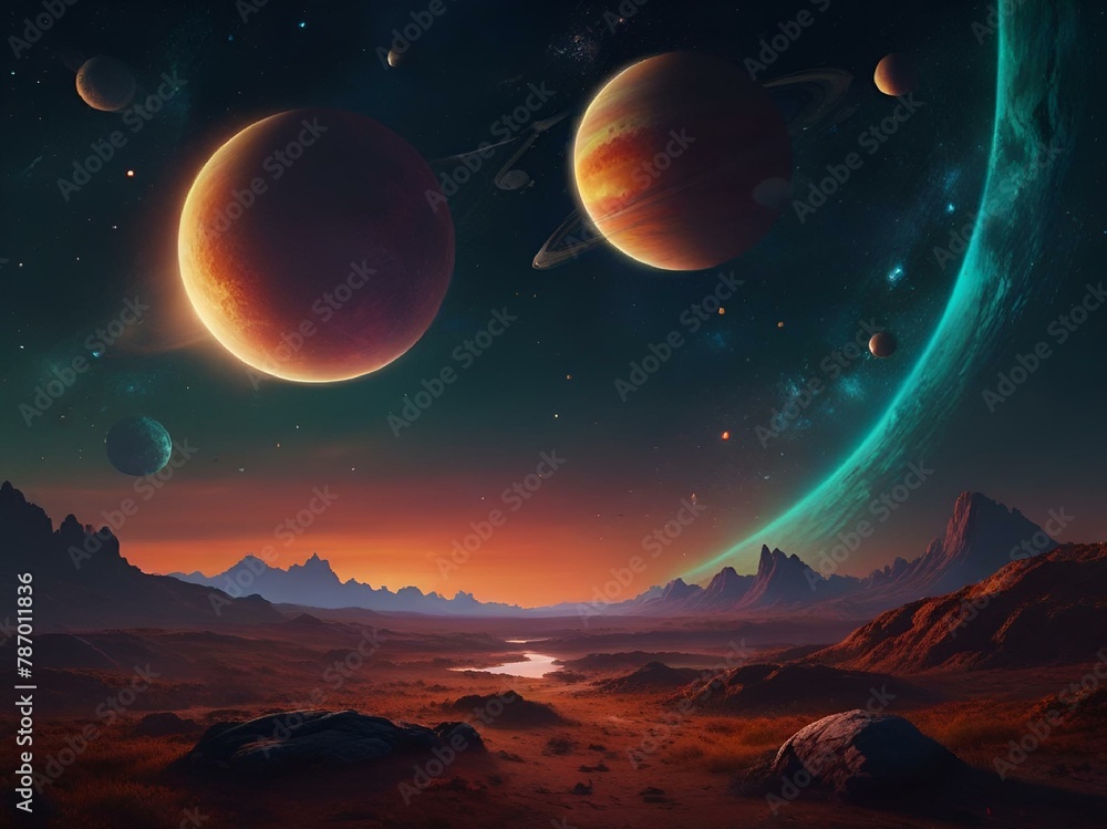 AI generated illustration of planets on a rocky planet with mountains and valleys in the backdrop