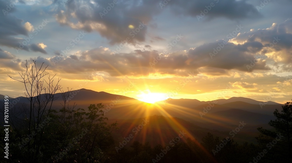 AI-generated illustration of sunrise over the mountain range with a cloudy sky at dusk